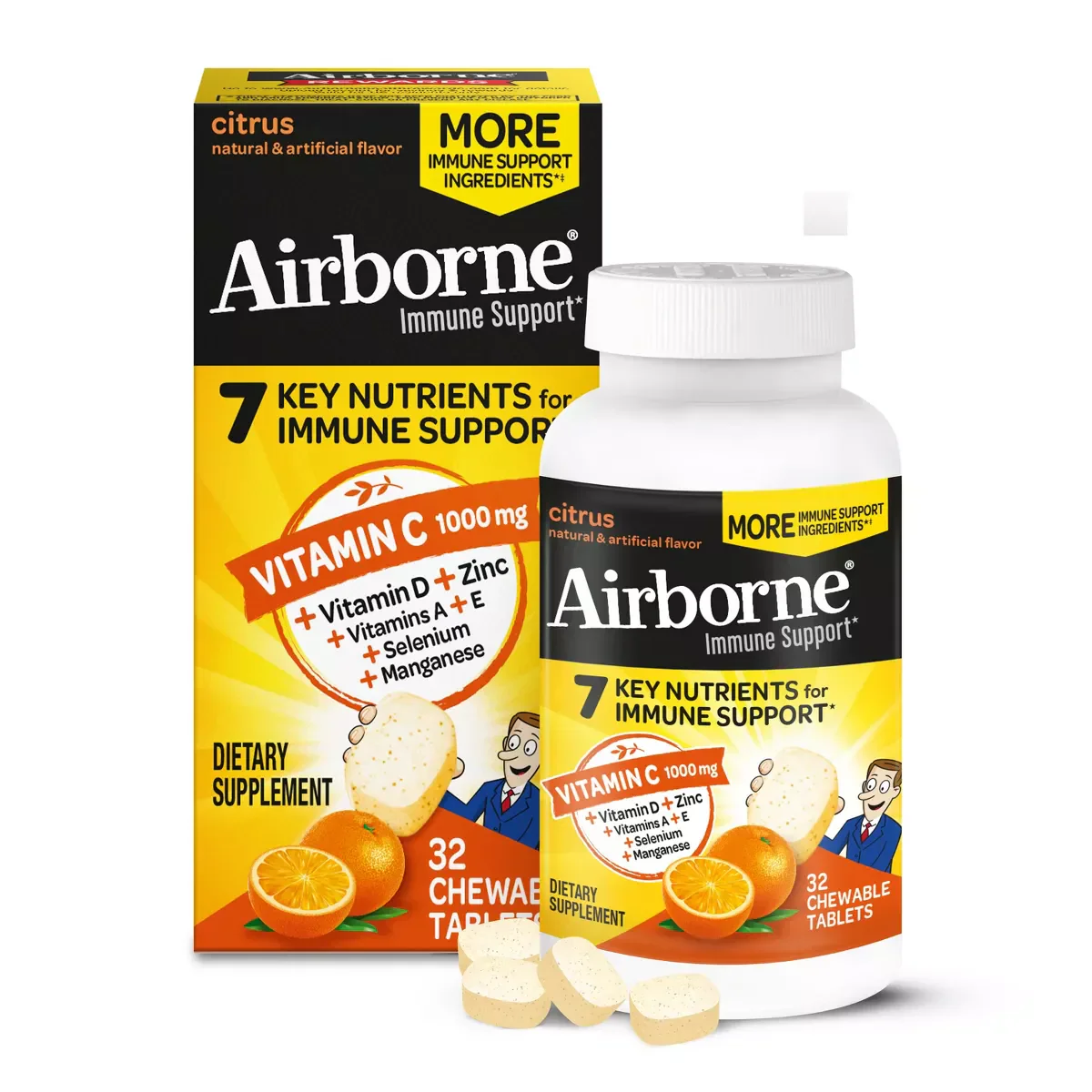 Airborne Original Blast Vitamin C 32 Chewable Tablets – Immune Support (Citrus / Very Berry)