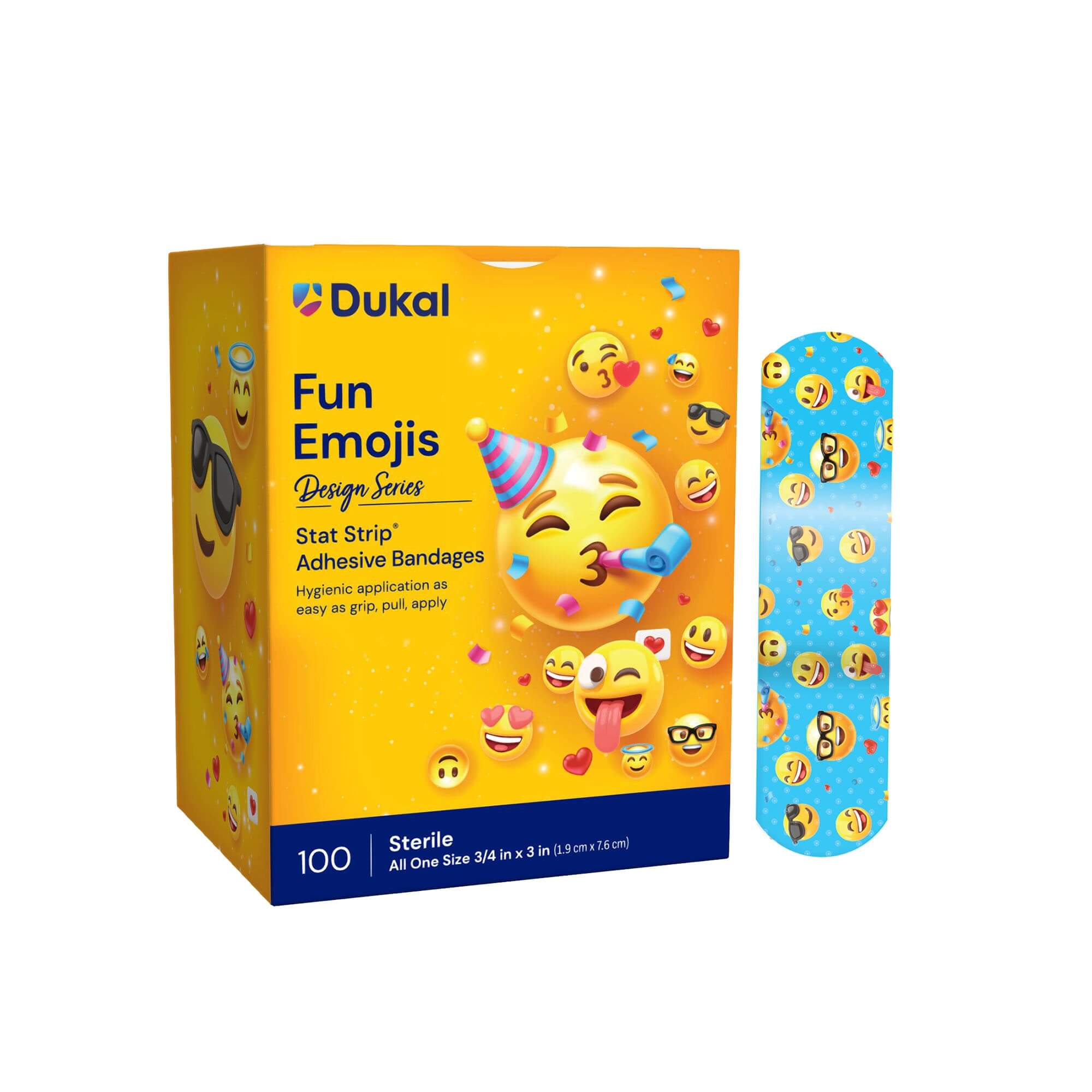 Dukal Fun Emojis Stat Strip Adhesive Bandages – Sterile, One Size, 100 Count
