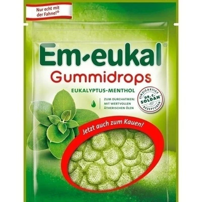 EM-EUKAL® Gummidrops Eukalyptus-Menthol zuckerhaltig – 90 g Soft Eucalyptus-Menthol Gum Drops | Throat, Voice & Refreshing Breath Support