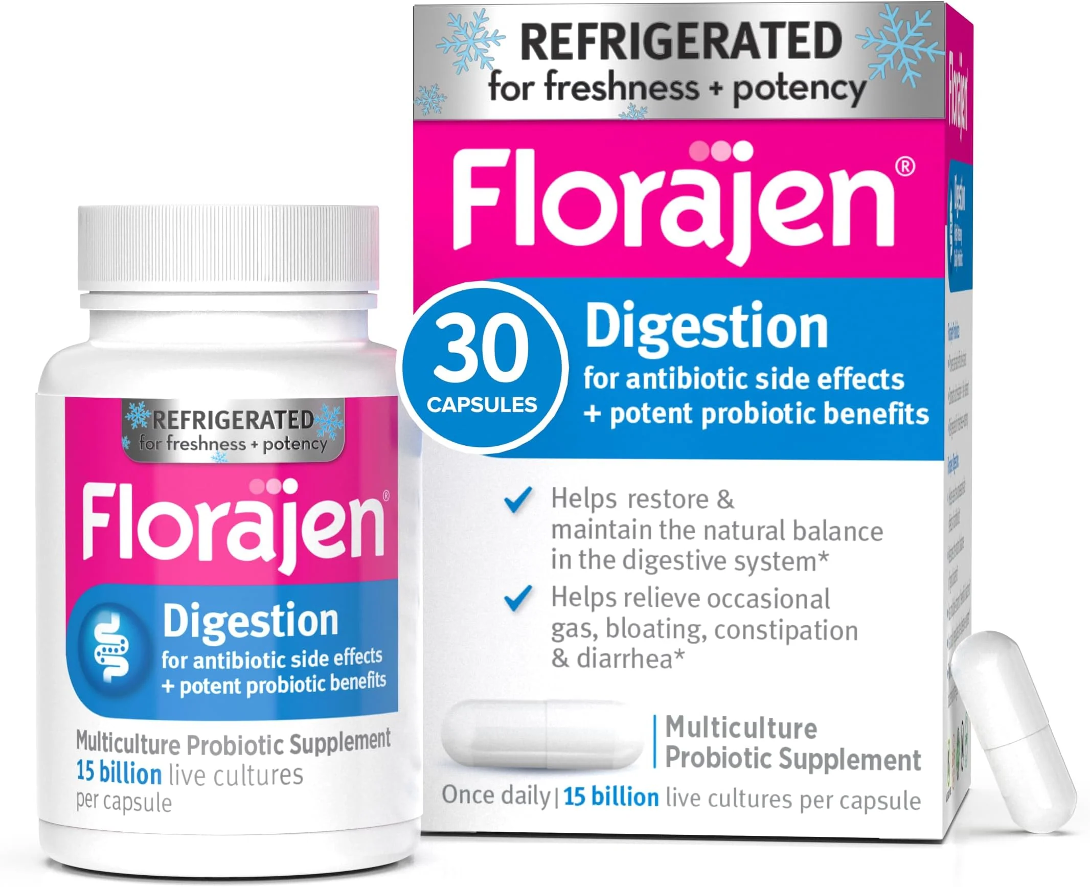 Florajen® Digestion Probiotic – 15 Billion Live Cultures per Capsule, 30 Capsules