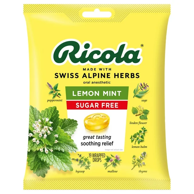 RRicola Sugar Free Lemon Mint Cough Suppressant & Oral Anesthetic Drops 19 Wrapped Drops