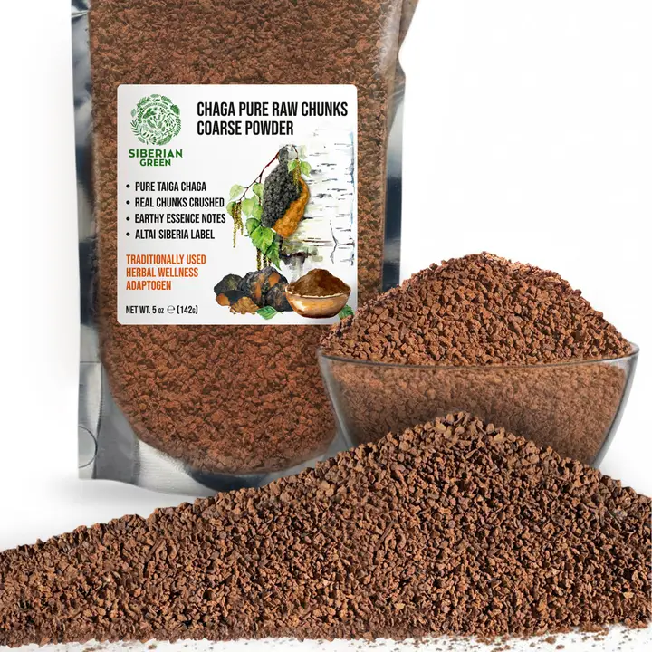 Siberian Green Chaga Pure Raw Chunks & Coarse Powder, 5 oz (142 g) Wildcrafted Chaga Mushroom Tea & Adaptogenic Superfood