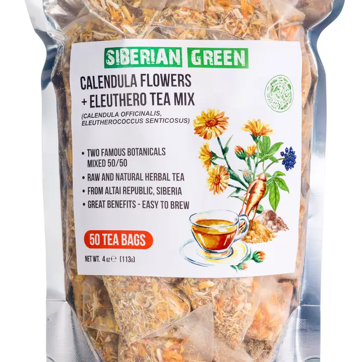 Siberian Tea: Green Eleuthero Root & Calendula Flower Tea – 50 Tea Bags - Image 2