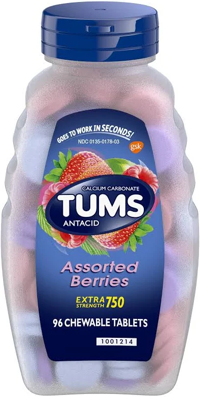 Tums Extra Strength 750 Antacid Chewable Tablets – Assorted Berries, 96 Chewable Tablets