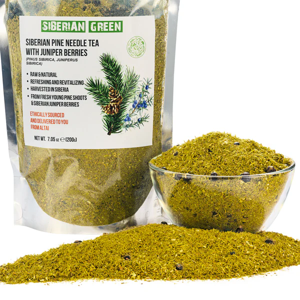 White Pine Needle Tea Loose Powder with Juniper Berries, 200 g – Siberian Green Natural Pine & Juniper Herbal Blend for Immune, Respiratory & Detox Support